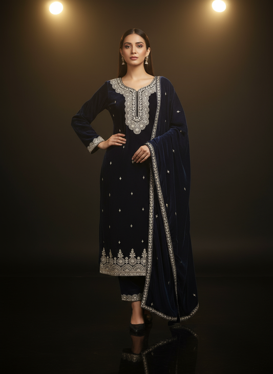 Navy Blue Velvet Embroidered Kurta Set with Golden Zari Detailing – Royal Wedding & Festive Collection