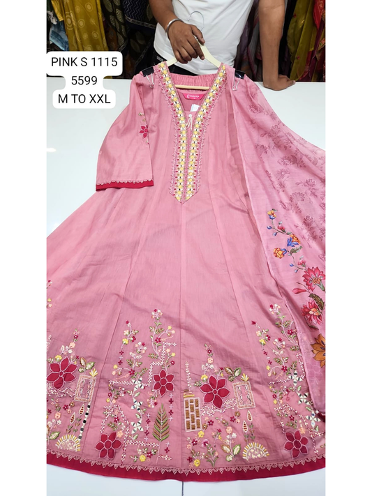 Pink Floral Embroidered Anarkali Suit Set with Dupatta for Women