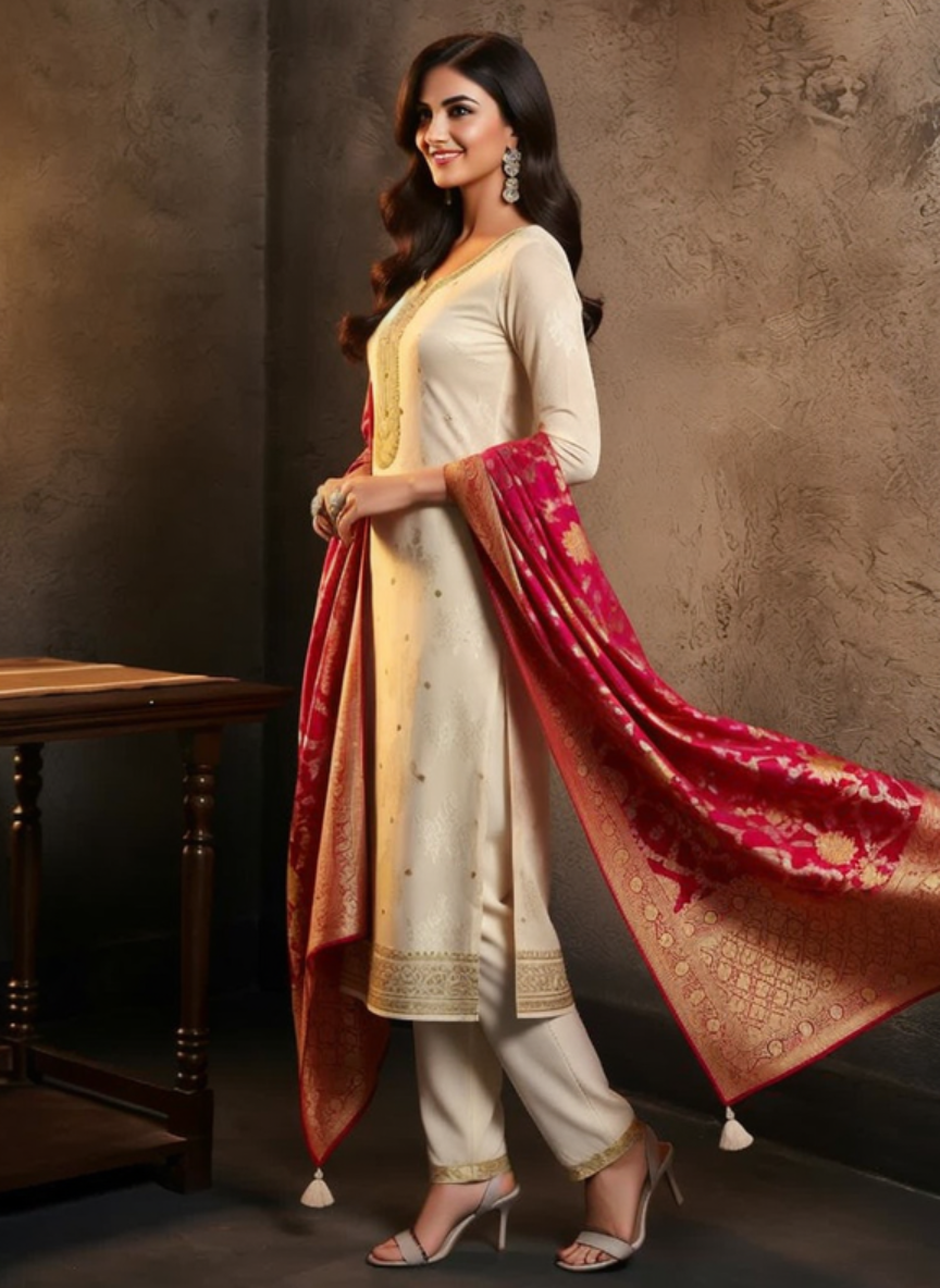 Off White Silk Straight Suit with Pink Woven Dupatta – 3 Piece Set