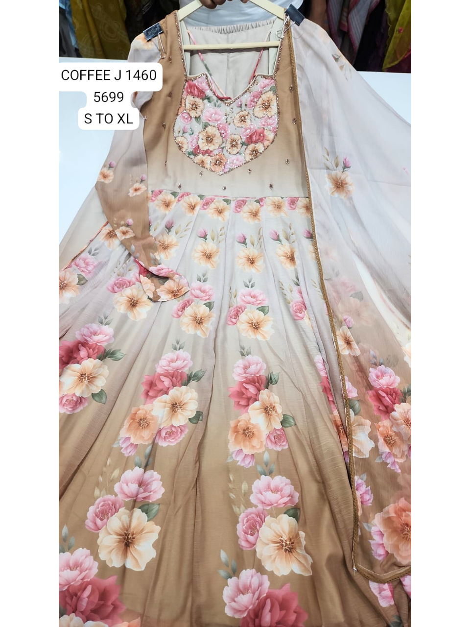Coffee Floral Printed Anarkali Gown Set with Dupatta for Women