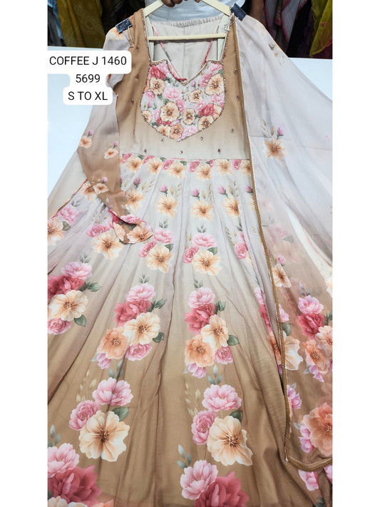Coffee Floral Printed Anarkali Gown Set with Dupatta for Women