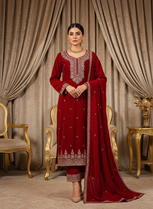 Royal Red Velvet Embroidered Kurta Set with Golden Zari & Stone Handwork Festive & Wedding Wear