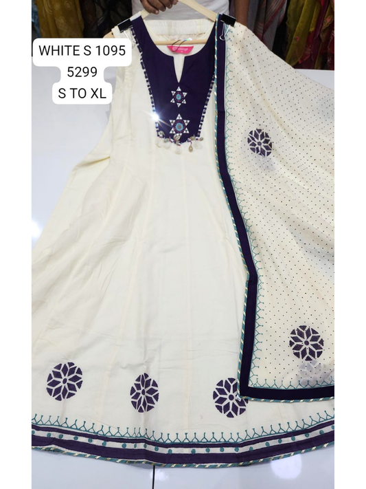 Elegant White & Navy Blue Embroidered Anarkali Kurta Set with Dupatta for Women