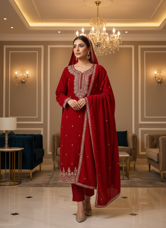 Royal Red Velvet Embroidered Kurta Set with Golden Zari & Stone Handwork Festive & Wedding Wear