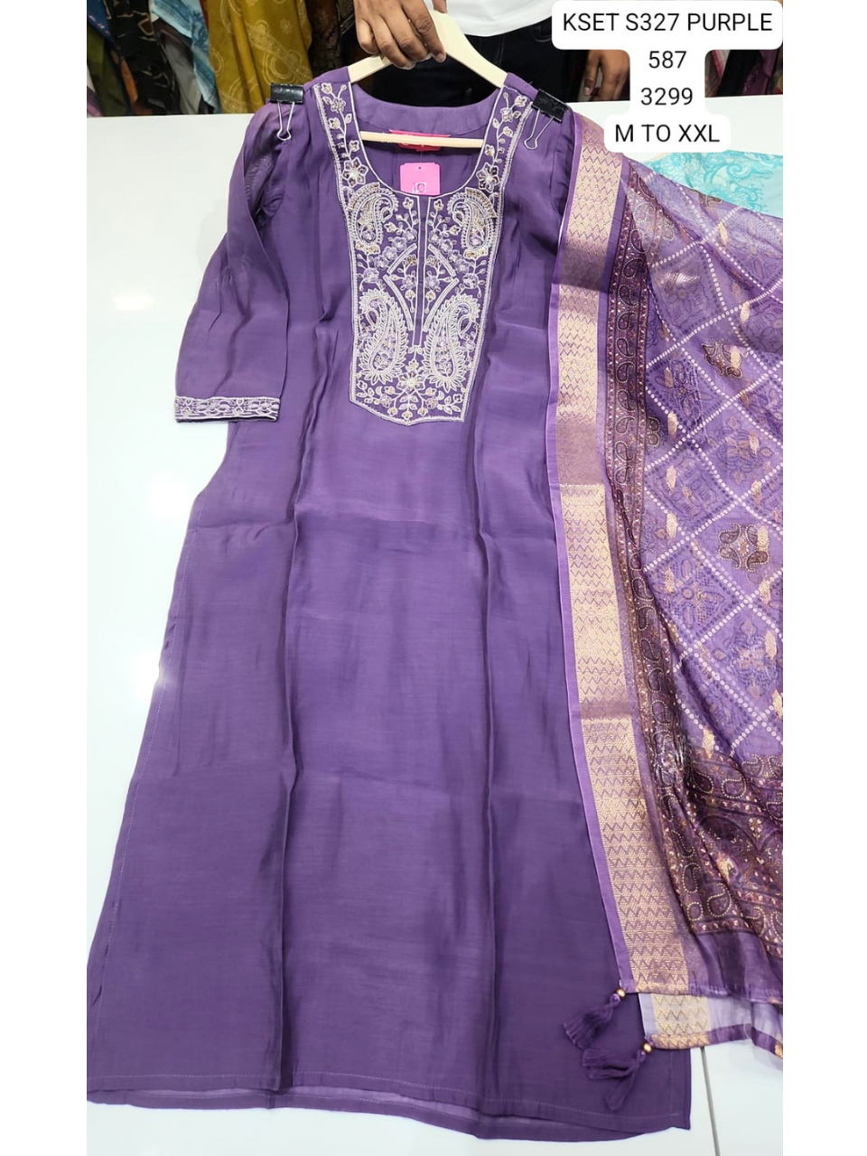 Purple Embroidered Straight Kurta Set with Banarasi Dupatta for Women