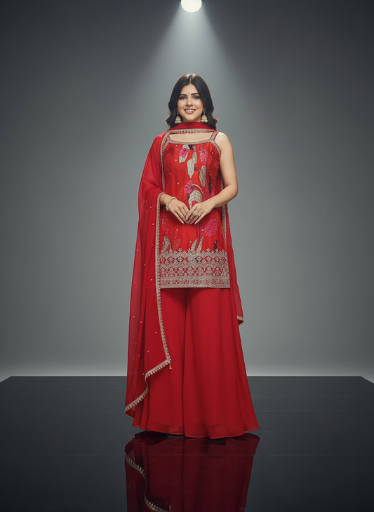 Red Floral Designer Sharara Set with Embellished Dupatta — Festive & Wedding Wear