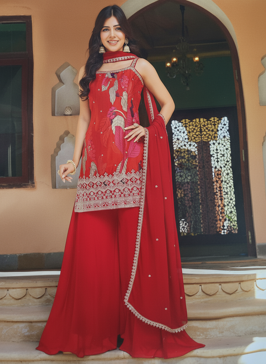 Red Floral Designer Sharara Set with Embellished Dupatta — Festive & Wedding Wear