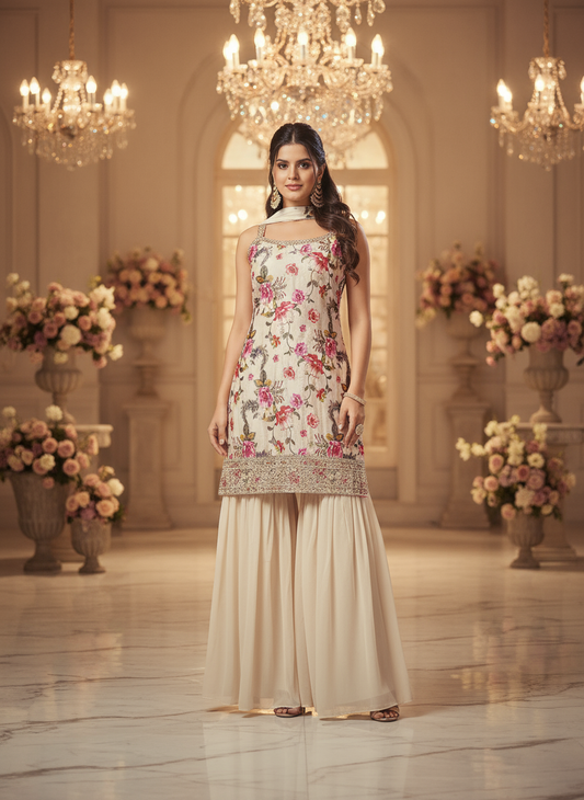 Elegant Cream Floral Embroidered Kurti with Sharara & Dupatta – Designer Indian Ethnic Suit for Women