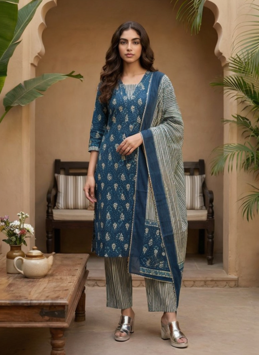 Women Indigo Blue Printed Kurta Pant Set with Dupatta