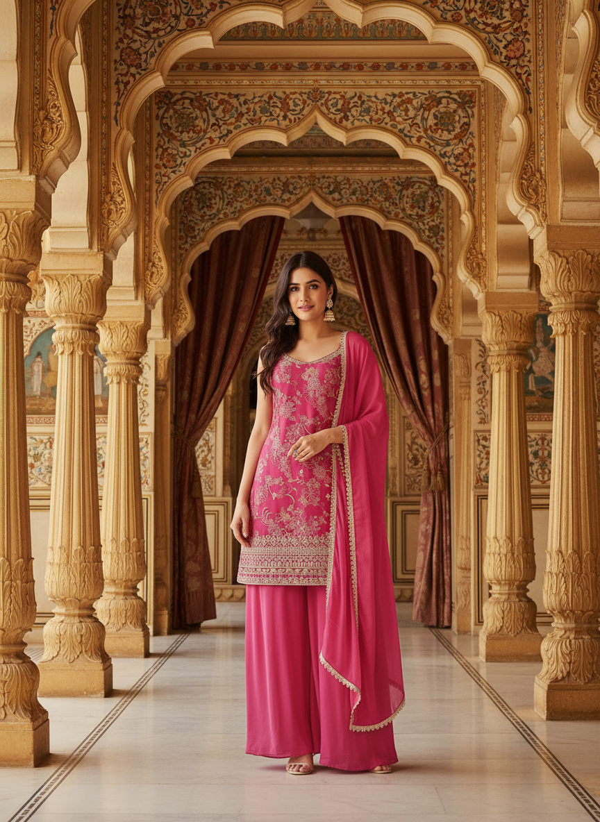 Elegant Magenta Embroidered Palazzo Suit with Dupatta | Festive & Party Wear Outfit