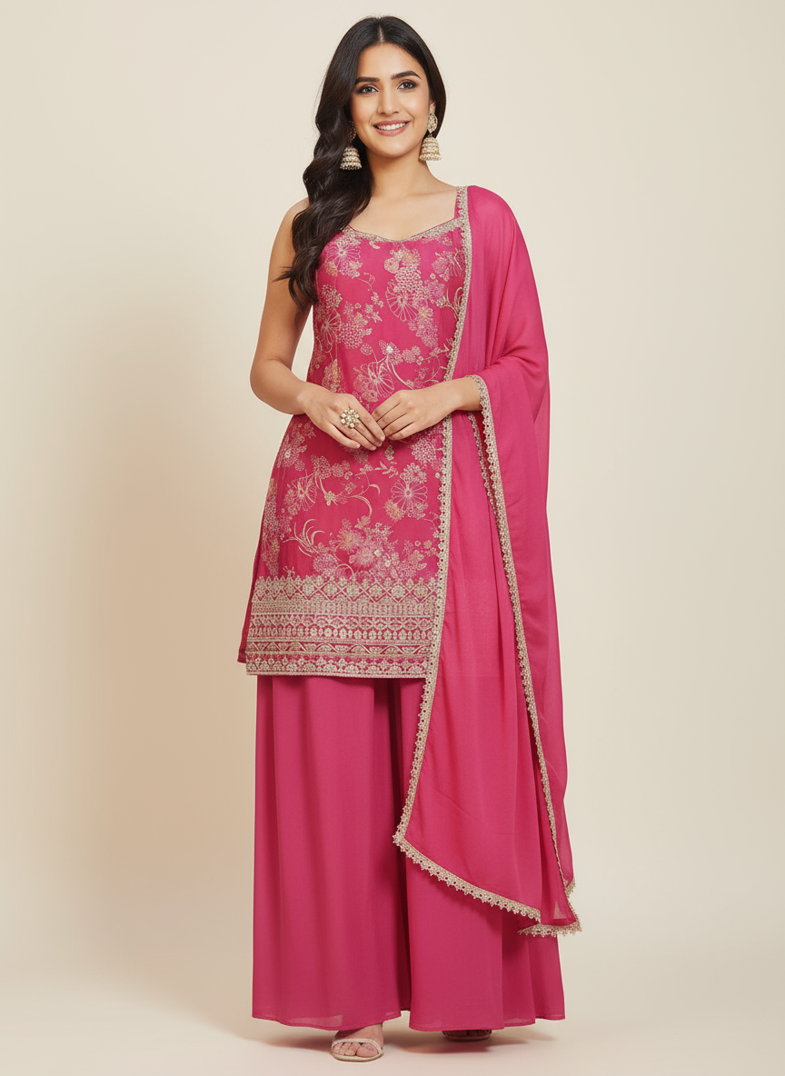 Elegant Magenta Embroidered Palazzo Suit with Dupatta | Festive & Party Wear Outfit