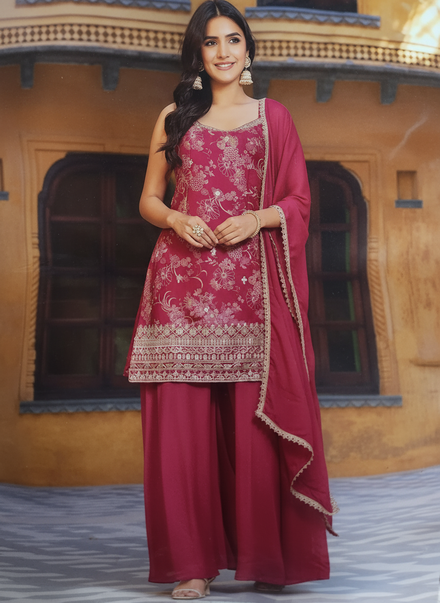 Elegant Magenta Embroidered Palazzo Suit with Dupatta | Festive & Party Wear Outfit