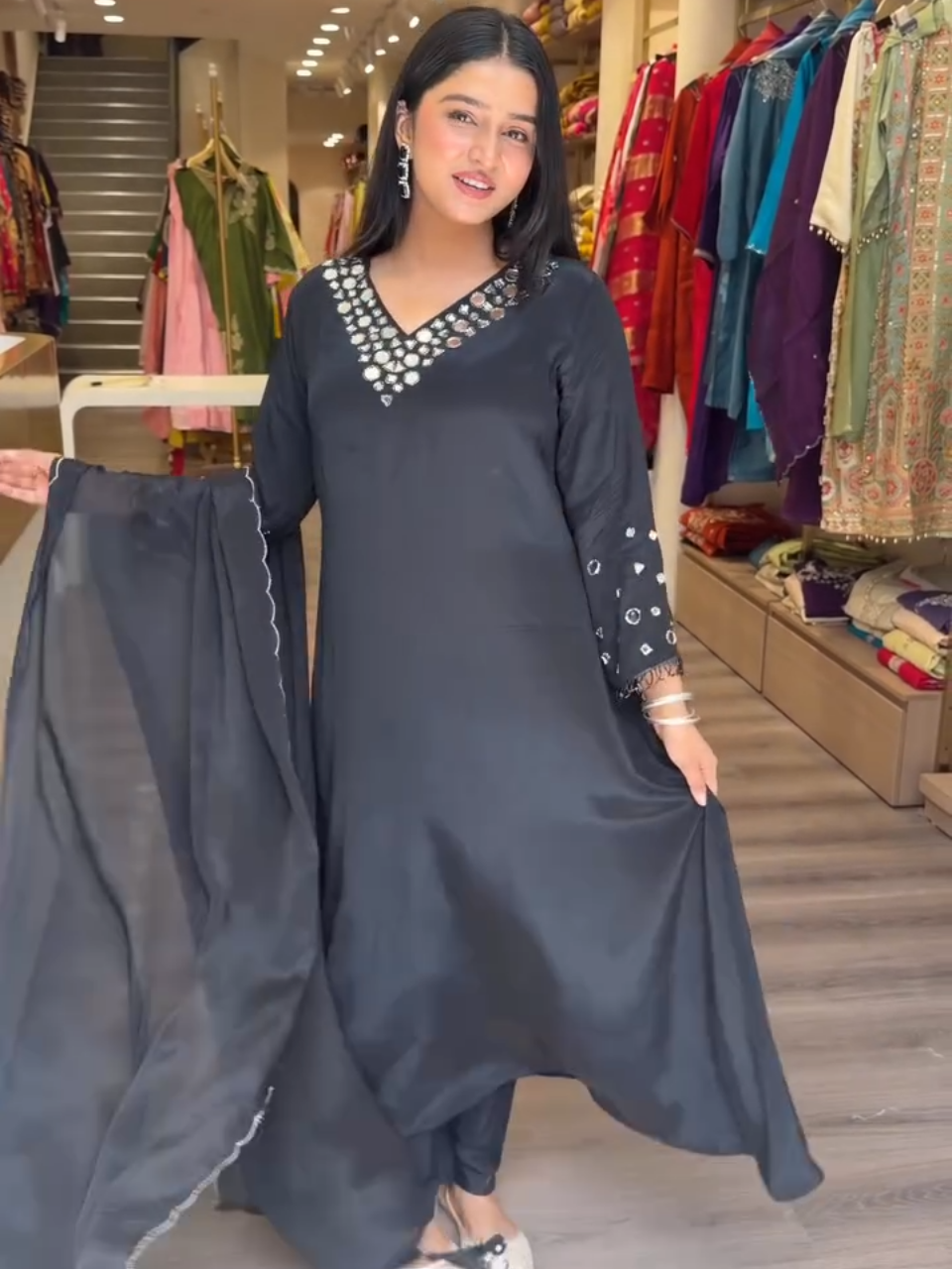 Elegant Black Mirror Work Kurta Set with Dupatta for Women