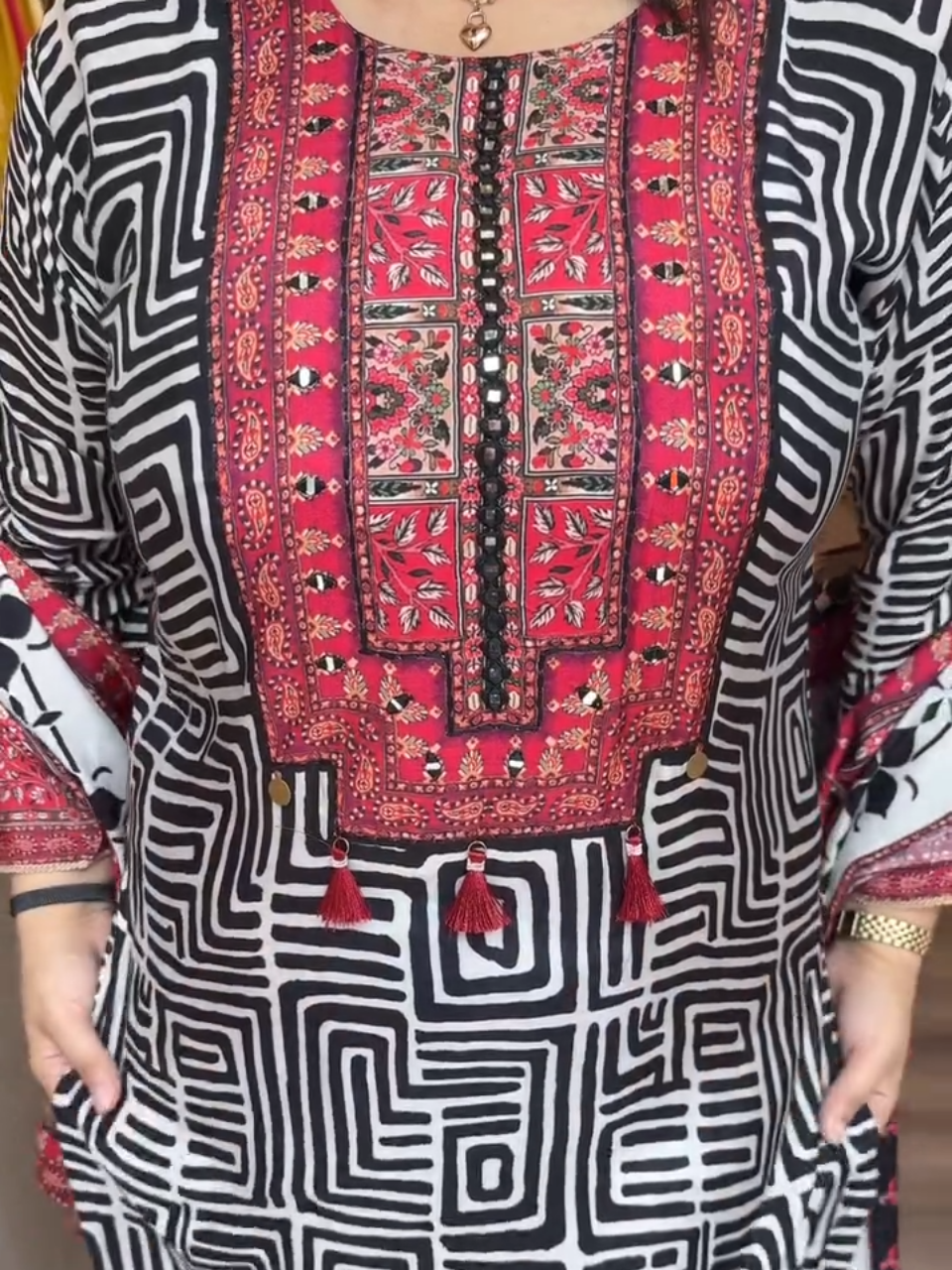 Trendy Black & Red Geometric Printed Salwar Kameez with Matching Dupatta