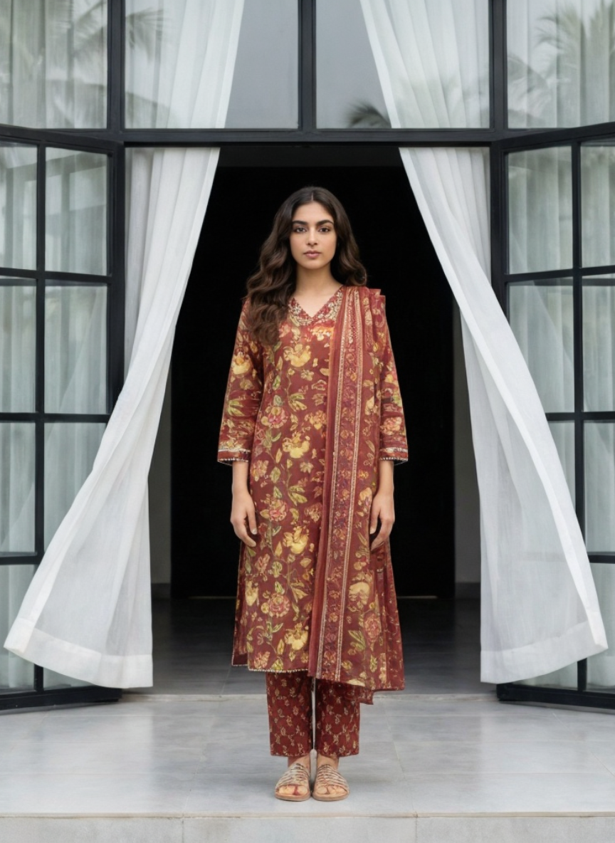 Onion Color Floral Printed Straight Kurta Pant Set with Dupatta for Women