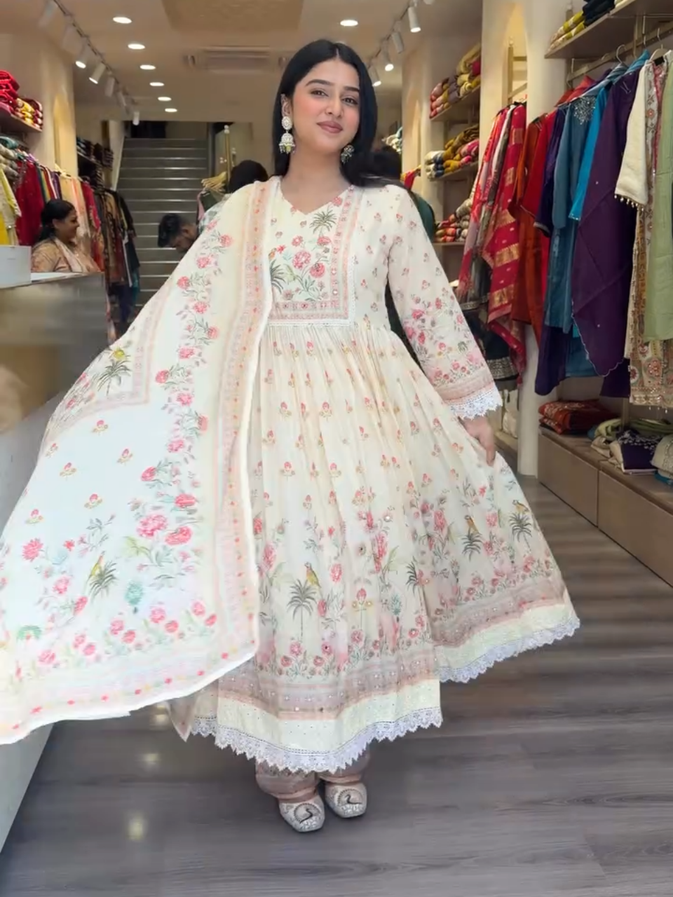 Elegant Floral Anarkali Suit with Dupatta for Women – Cream Pink Ethnic Wear