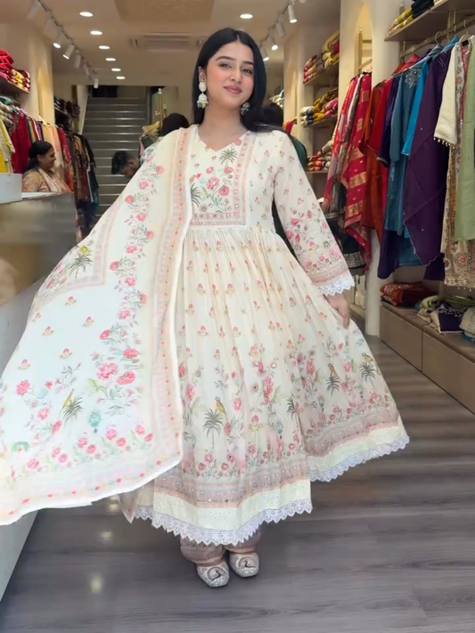 Elegant Floral Anarkali Suit with Dupatta for Women – Cream Pink Ethnic Wear