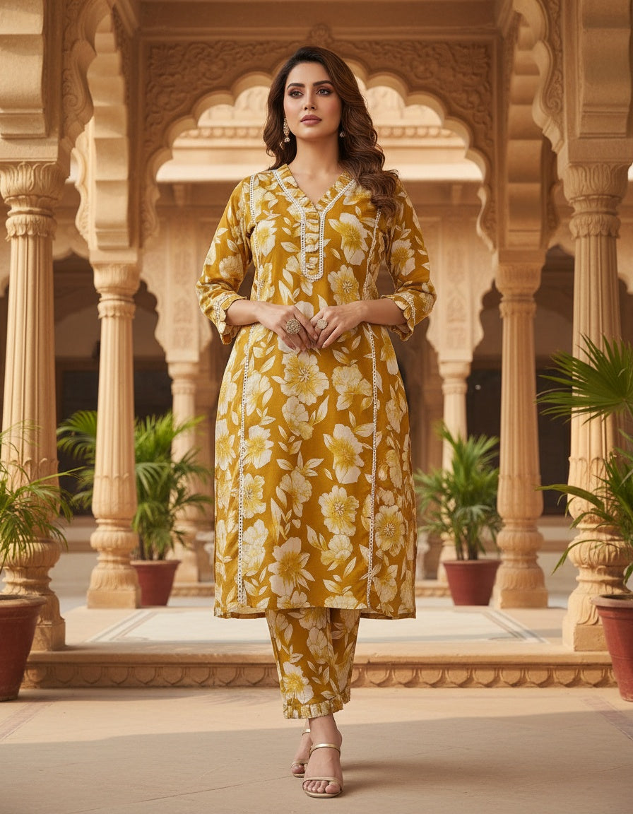 Women’s Mustard Yellow Floral Cotton Co-ord Set – Kurti & Pant