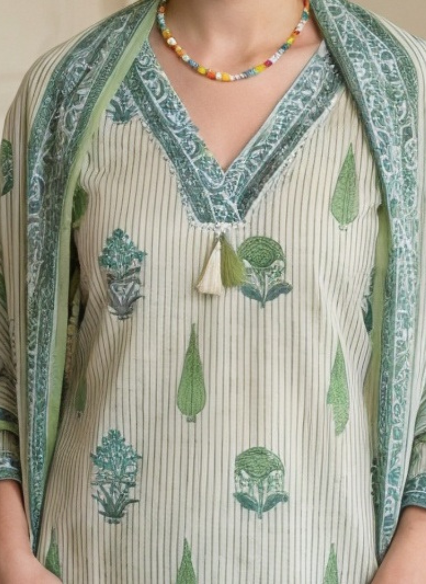 Green Cotton Printed Kurta Set with Dupatta for Women | Summer Ethnic Wear