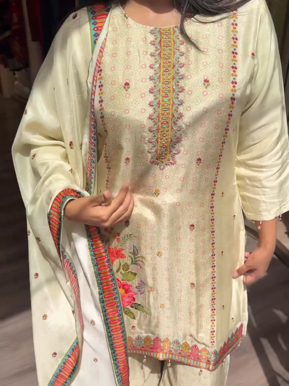 Ivory Floral Embroidered Kurta Palazzo Set with Printed Dupatta for Women