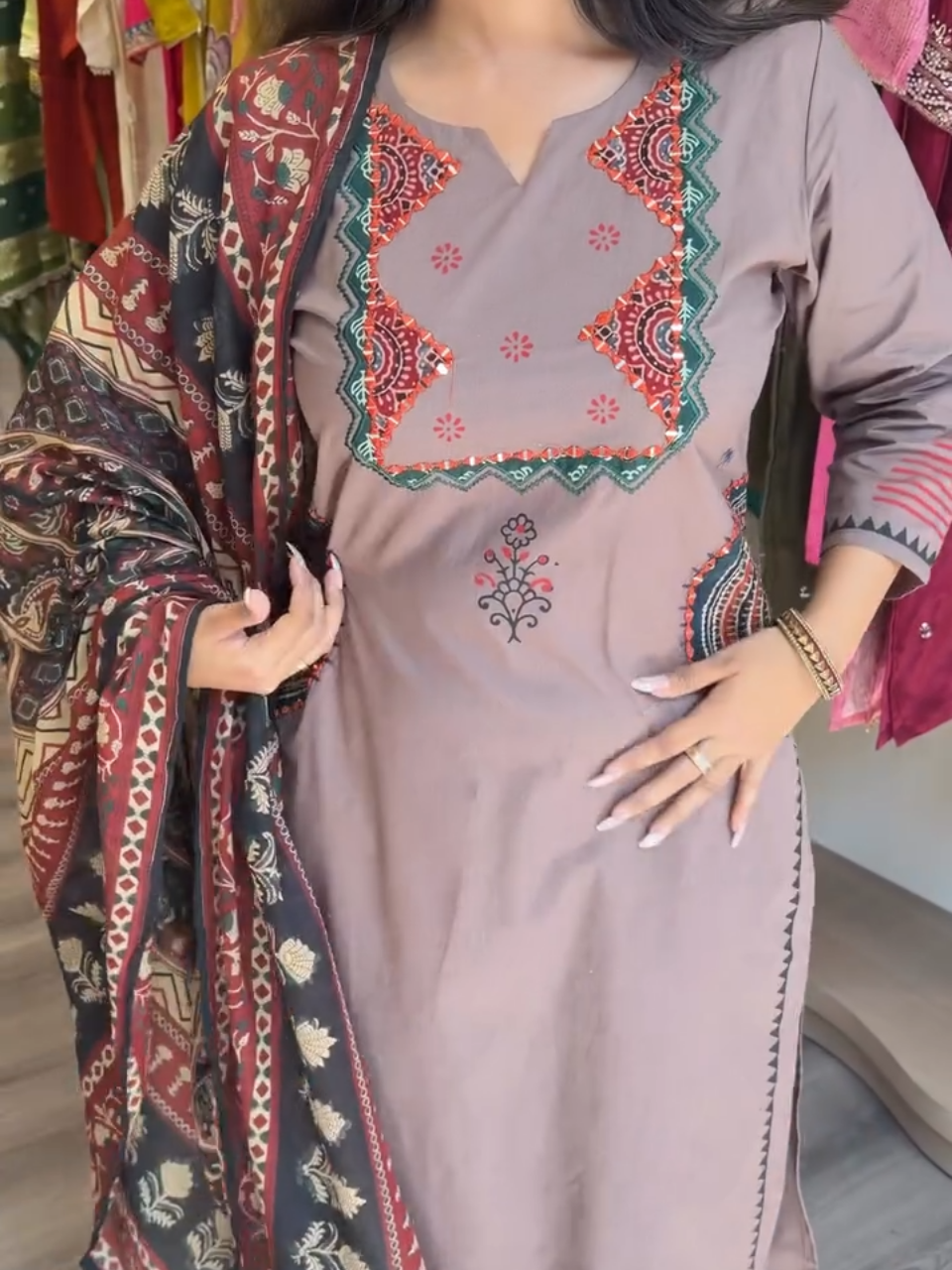 Taupe Brown Printed Kurta Set with Designer Dupatta – Women's 3 Piece Ethnic Suit Set