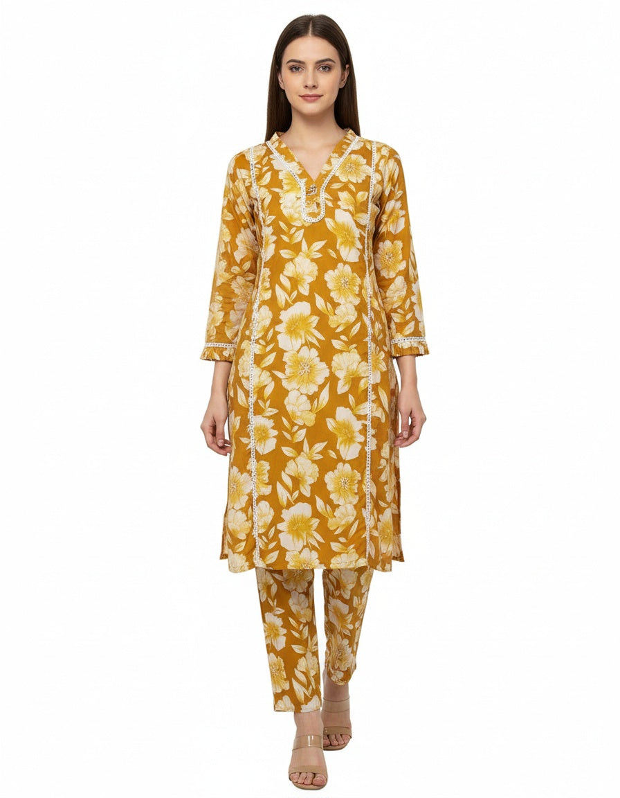 Women’s Mustard Yellow Floral Cotton Co-ord Set – Kurti & Pant