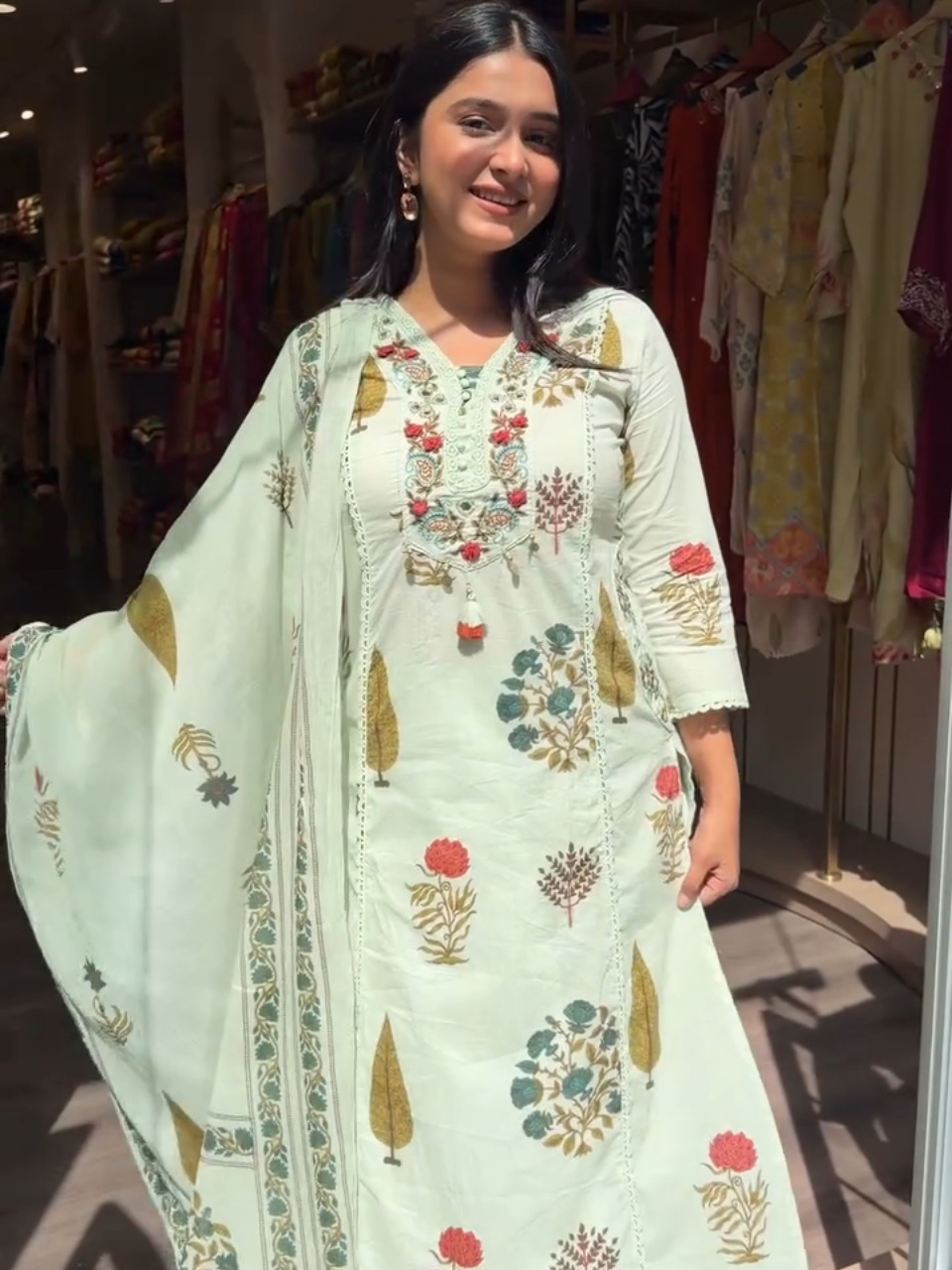 Elegant Sage Green Floral Printed Kurta Pant Set with Dupatta for Women