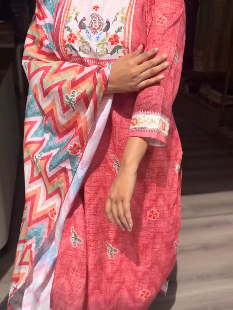 Red Printed Kurta Set with Chevron Dupatta for Women | Festive Ethnic Wear
