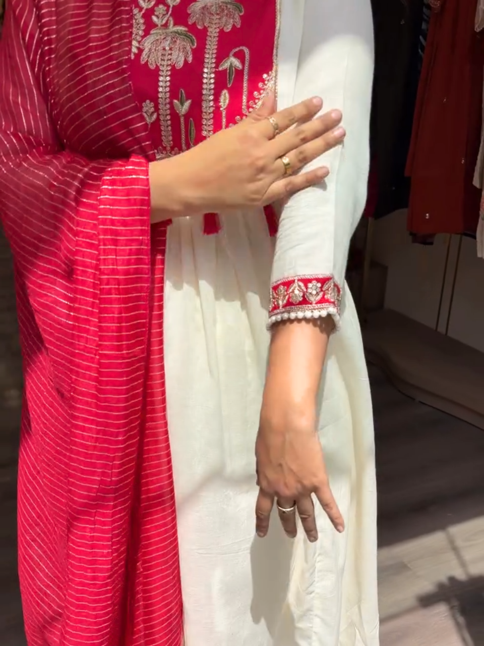 Elegant White & Red Embroidered Anarkali Kurta Set with Dupatta for Women