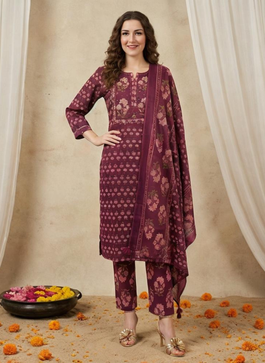 Women Maroon Printed Cotton Kurta Pant Dupatta Set