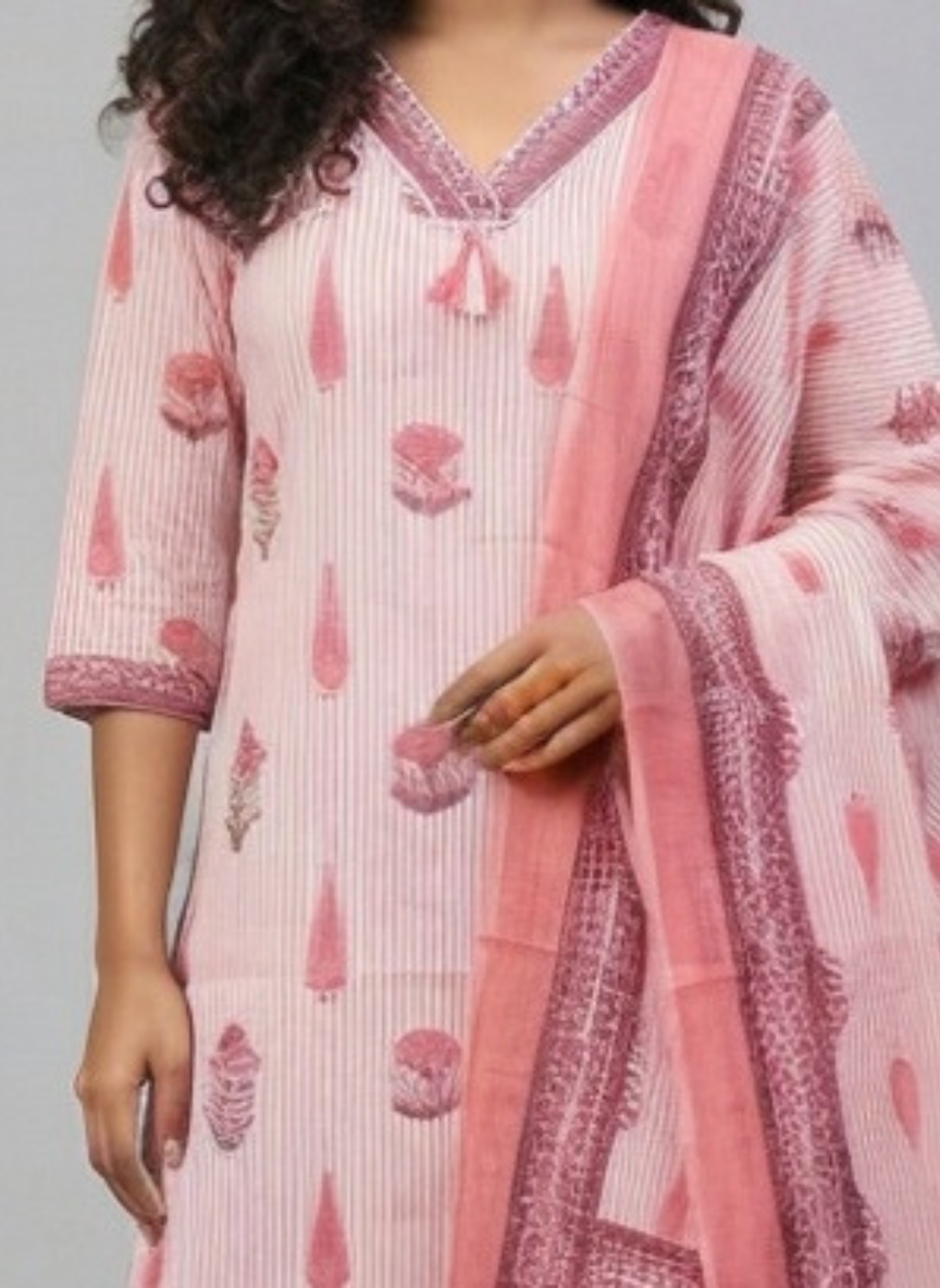 Women Pink Printed Cotton Kurta Pant Dupatta Set