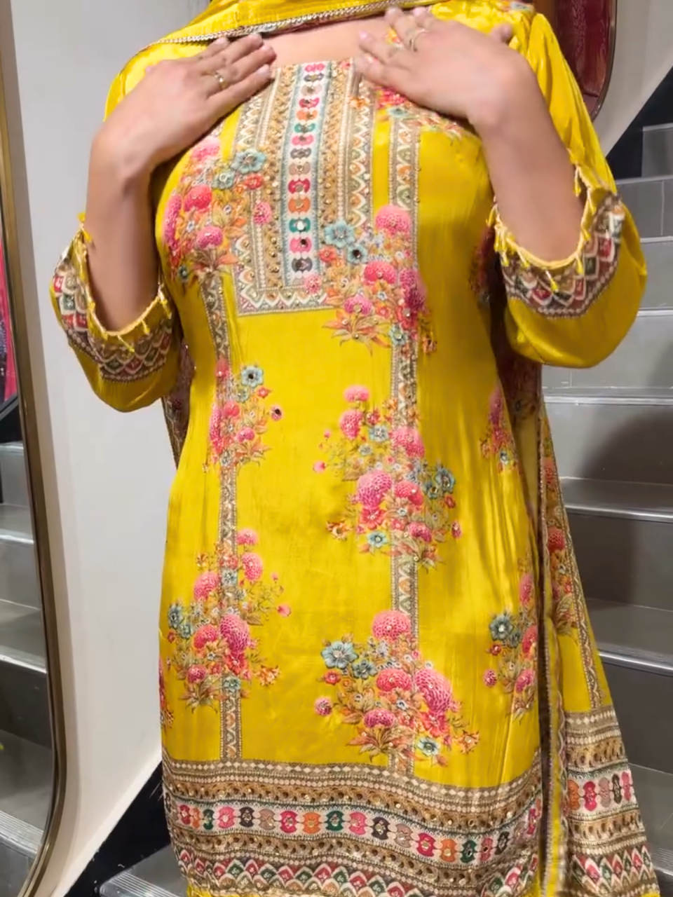 Mustard Yellow Floral Printed Sharara Suit Set with Dupatta for Women