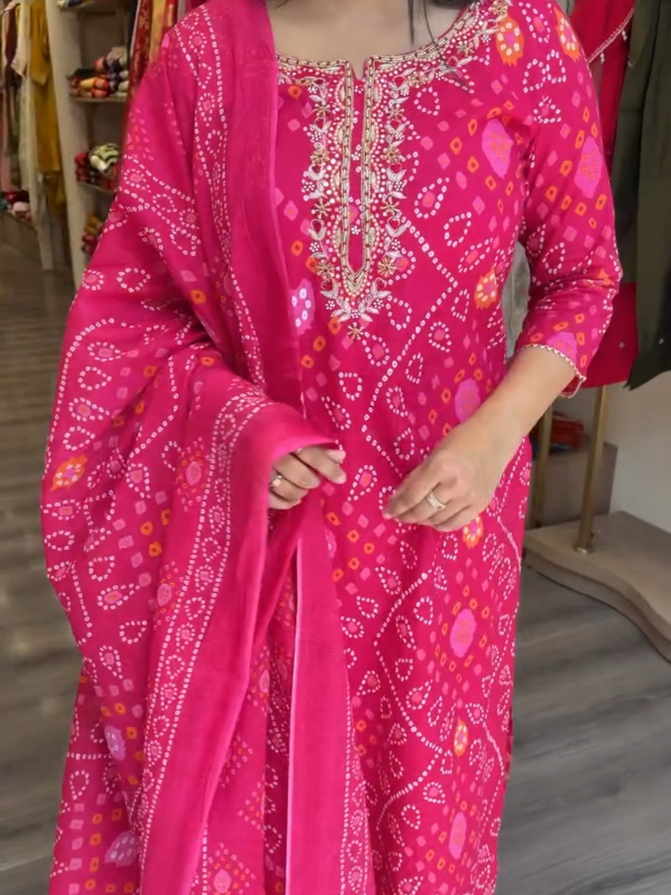 Rani Pink Bandhani Printed Cotton Kurta Set with Dupatta for Women