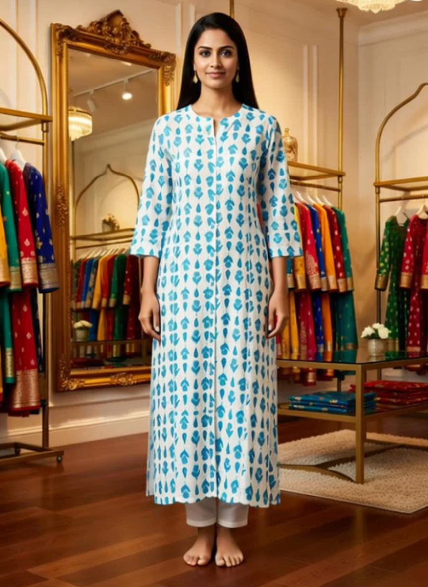 Woman in blue and white kurta at Encourage Fashion store, traditional Indian ethnic wear display