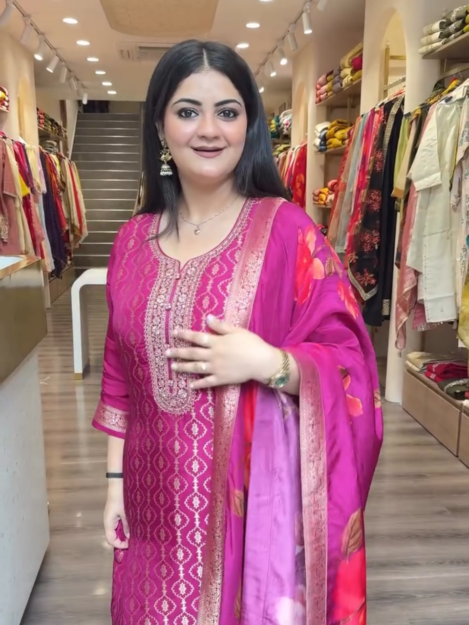 Vibrant Magenta Floral Printed Salwar Kameez with Matching Dupatta