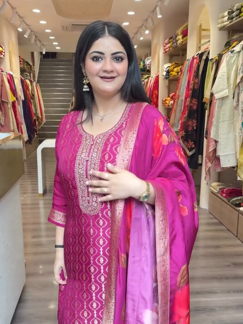 Vibrant Magenta Floral Printed Salwar Kameez with Matching Dupatta