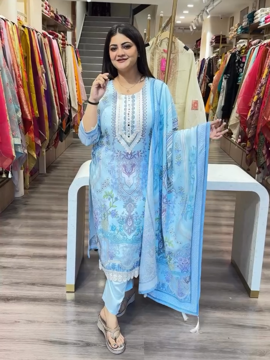 Women Sky Blue Printed Kurta Pant Set with Dupatta | Elegant Ethnic Wear