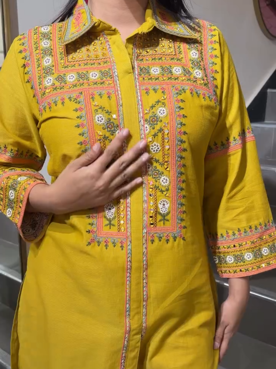 Mustard Yellow Embroidered Co-Ord Kurta Pant Set for Women