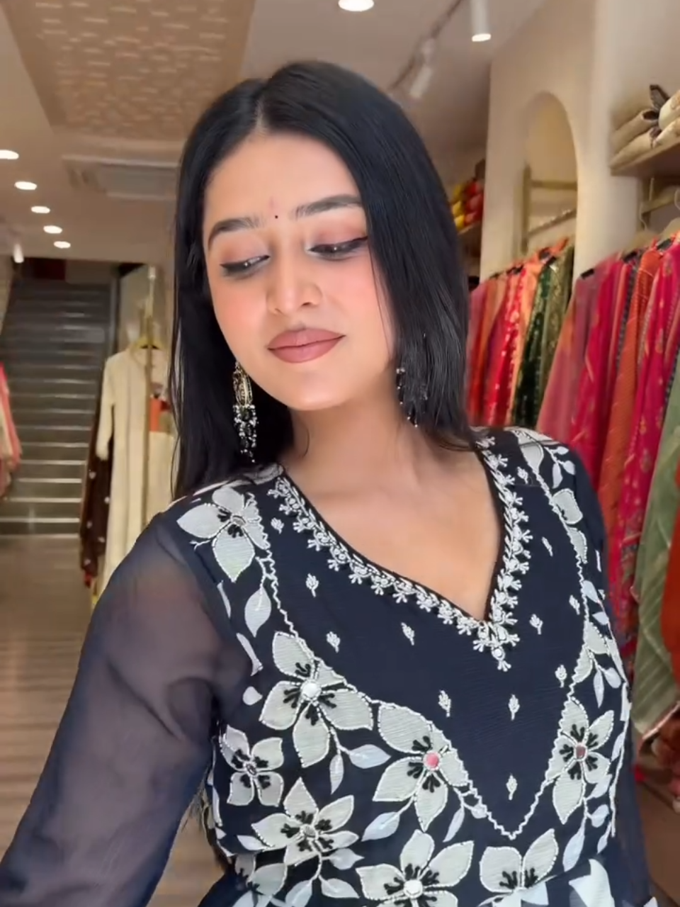 Black Floral Printed Anarkali Gown for Women | Elegant Flowy Party Wear Ethnic Dress