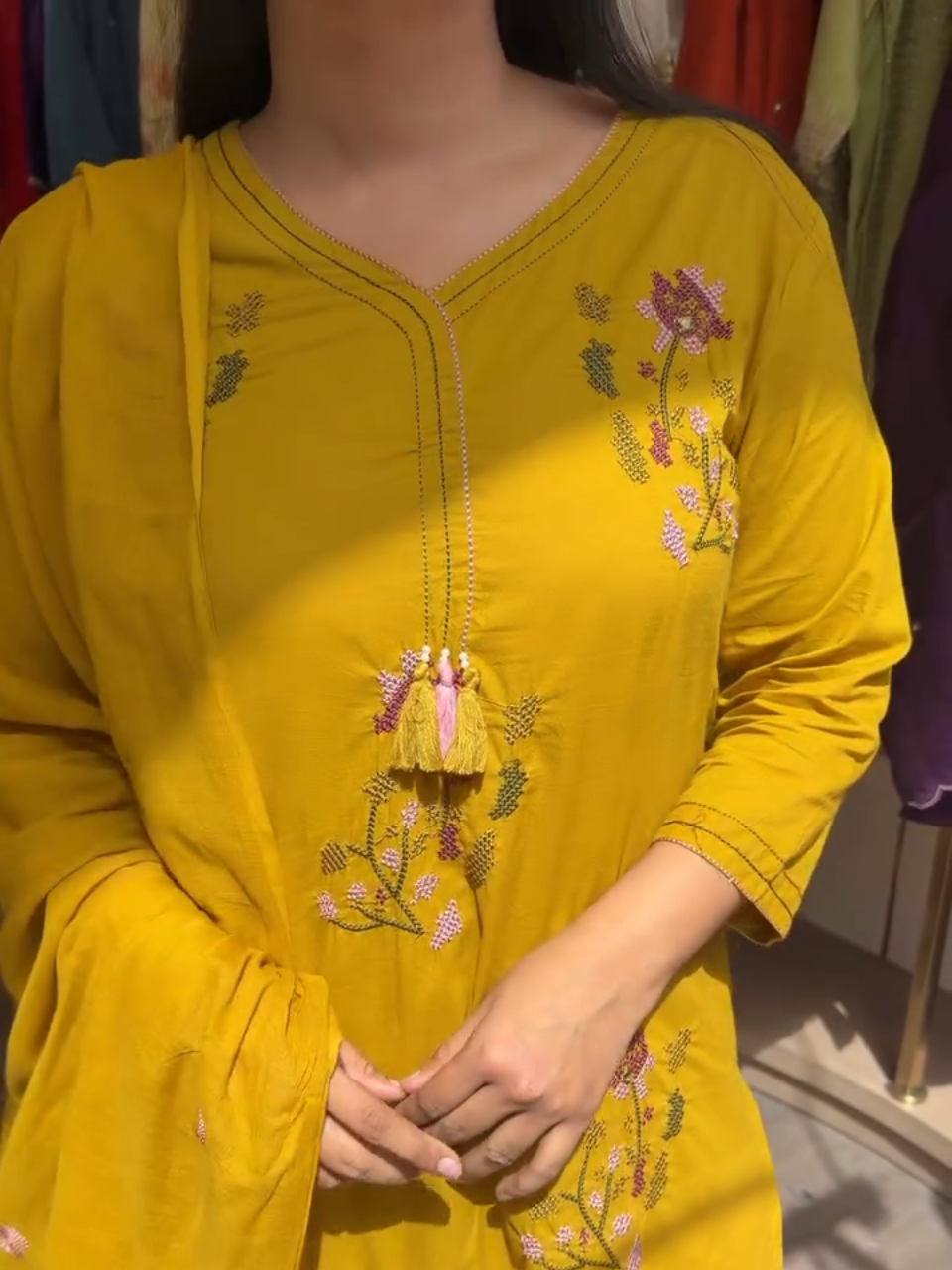 Mustard Yellow Embroidered Kurta Pant Dupatta Set for Women