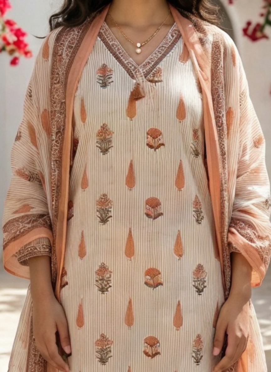 Peach Cotton Printed Kurta Set with Dupatta for Women | Summer Festive Wear