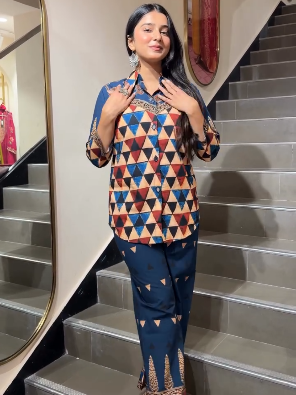 Navy Blue Geometric Printed Co-Ord Set for Women