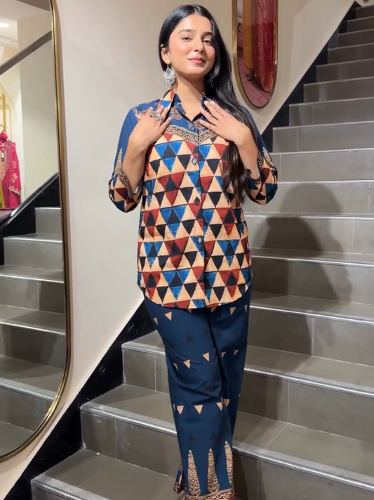 Navy Blue Geometric Printed Co-Ord Set for Women
