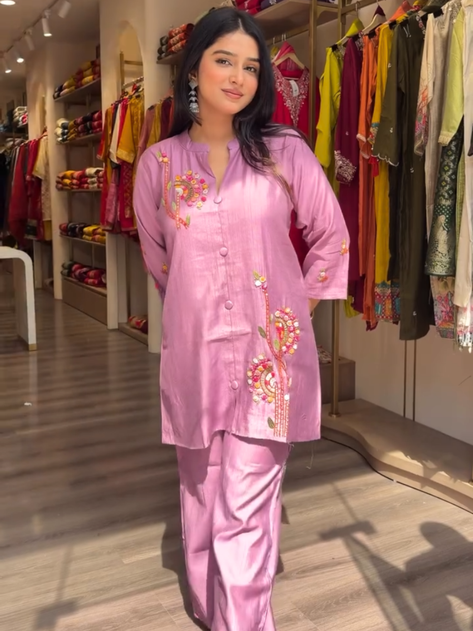 Women Pink Embroidered Kurta Pant Set | Elegant Ethnic Co-Ord Set for Festive & Casual Wear