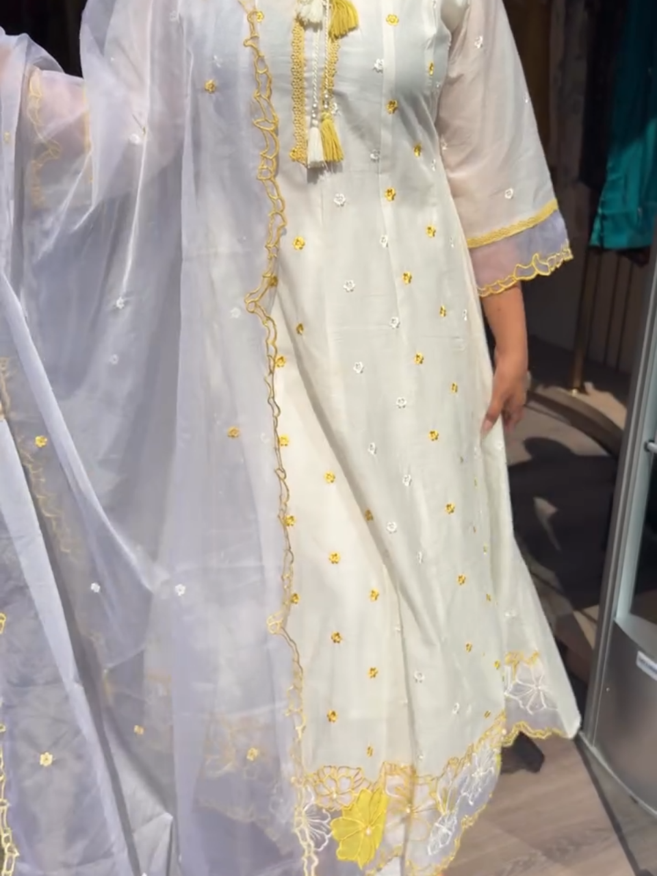 White & Sunshine Yellow Embroidered Kurta Set with Dupatta – Women's 3 Piece Ethnic Suit Set