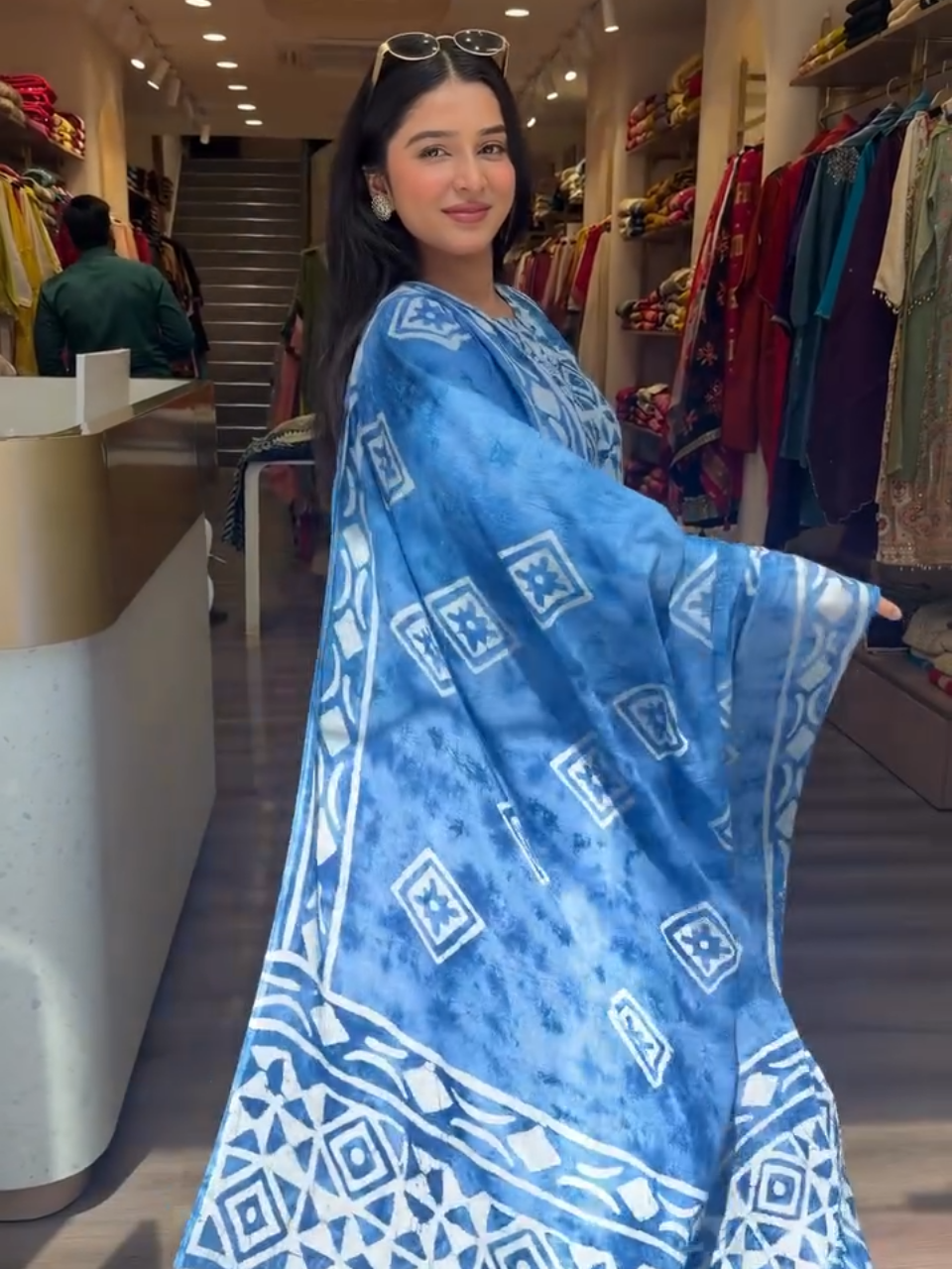 Blue Abstract Printed Lawn Suit with Dupatta for Women