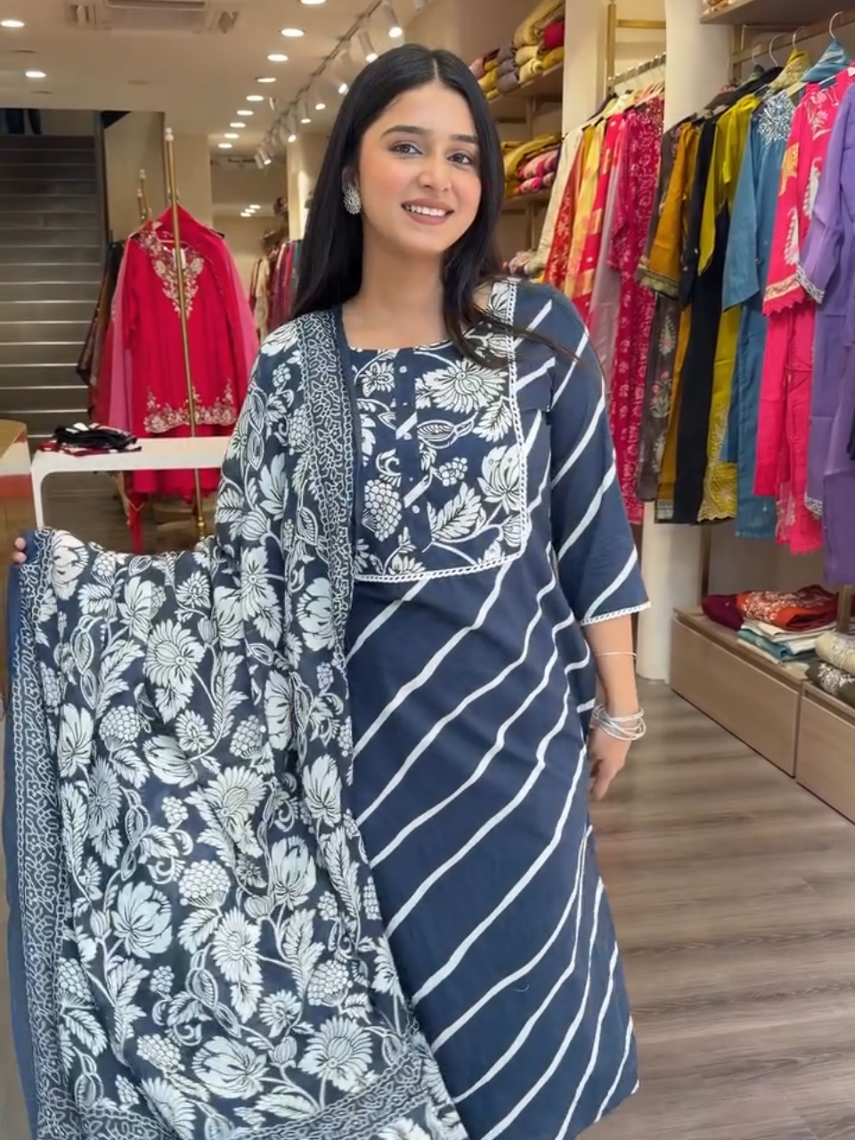 Midnight Blue Floral Printed Kurta Set with Statement Dupatta – Women's 3 Piece Ethnic Suit Set