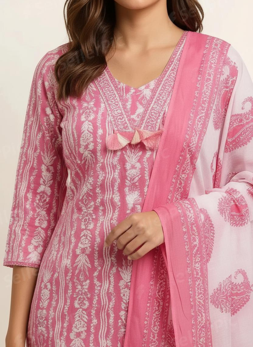 Pink Printed Kurta Set with Dupatta for Women | Ethnic Straight Kurti Pant Set | Festive & Office Wear Suit