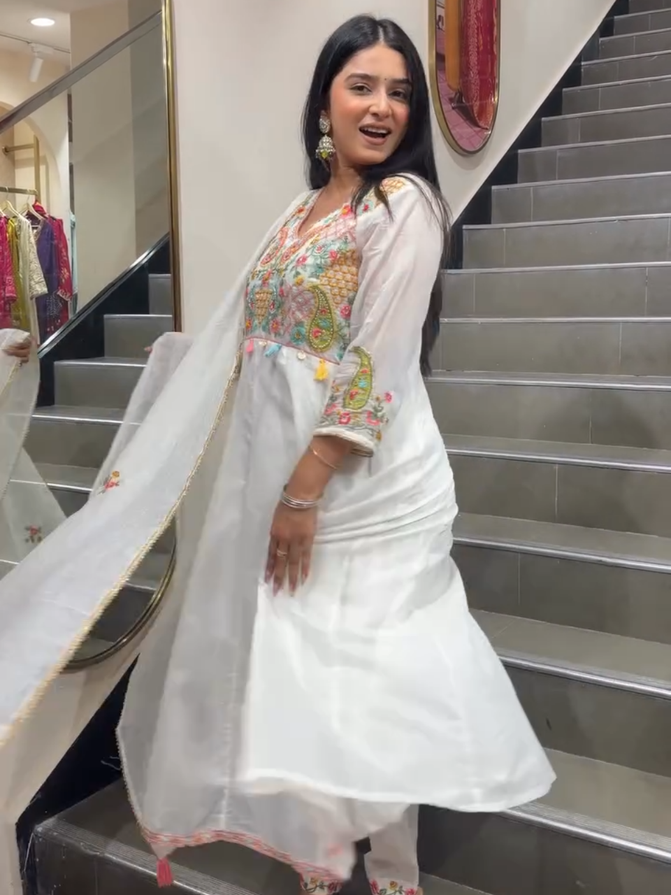 Women's White Embroidered Anarkali Suit Set with Dupatta | Floral Ethnic Party Wear