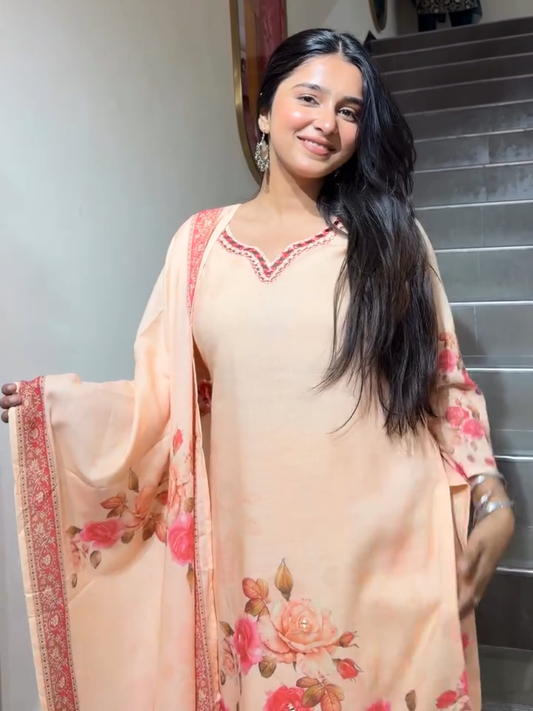 Peach Floral Printed Suit with Dupatta for Women